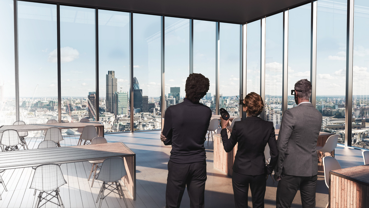 People in a virtual reality setting, looking out of a building