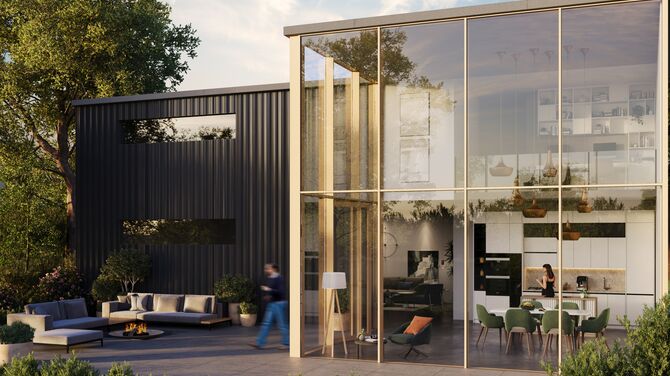 Alt: Architectural render of modern private home with floor-to-ceiling glass facades.