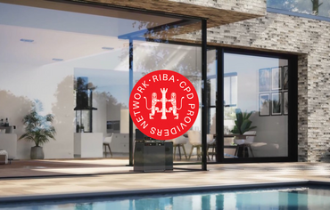 A pair of sliding patio doors leading into a pool